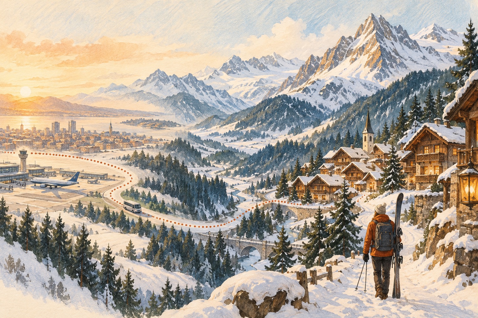 Painted winter scene connecting an airport with a welcoming alpine village and glowing chalet windows