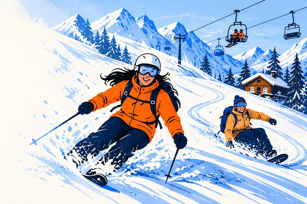 Illustration of a skier and a snowboarder carving down a sunny slope below a chairlift and a mountain chalet